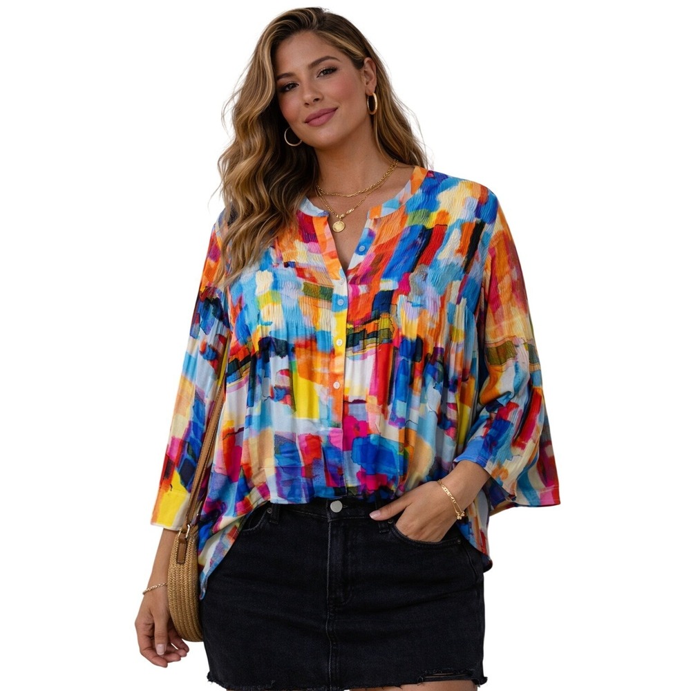 Investments Blouse Womens Large Multicolor Abstract Pleated Plisse Button Up Top